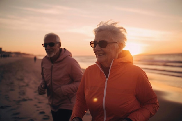 Heureux couple de personnes âgées courant le long de la côte de l'océan le jour d'été IA générative