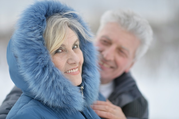 Heureux couple de personnes âgées marchant en hiver à l'extérieur