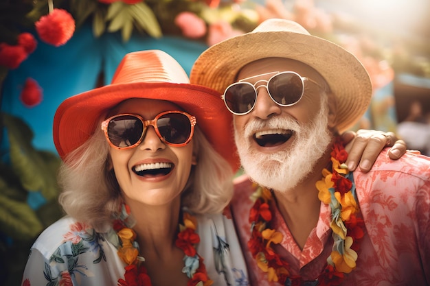 Photo heureux couple de personnes âgées matures à la retraite en vacances vacances voyage homme et femme aîné souriant créé