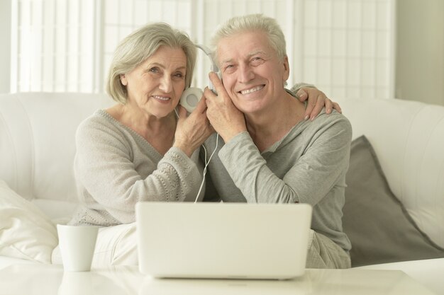 Heureux couple de personnes âgées avec ordinateur portable à la maison