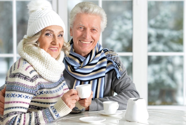 Heureux couple de personnes âgées passant du temps au café