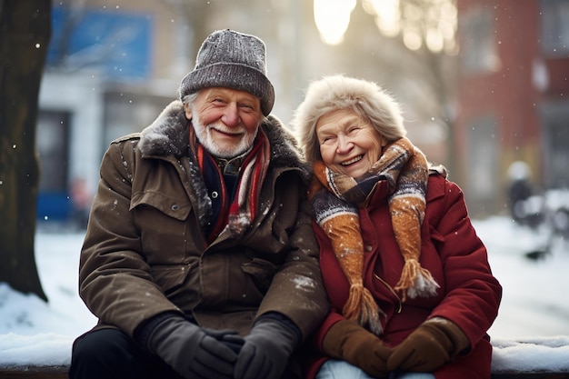 Heureux couple de personnes âgées avec en plein air en hiver