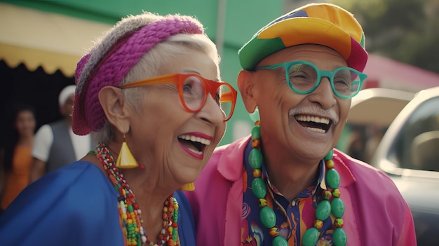 Heureux couple de personnes âgées portant des lunettes et des vêtements aux couleurs vives dans la rue