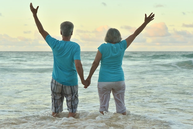 Heureux couple de personnes âgées reposant sur une plage tropicale