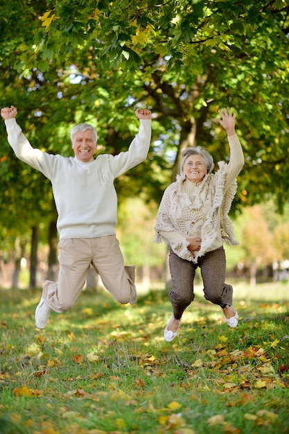 Heureux couple de personnes âgées sautant dans le parc d'automne