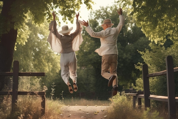 Heureux couple de personnes âgées sautant dans un parc un jour d'été vu de l'arrière Generative AI