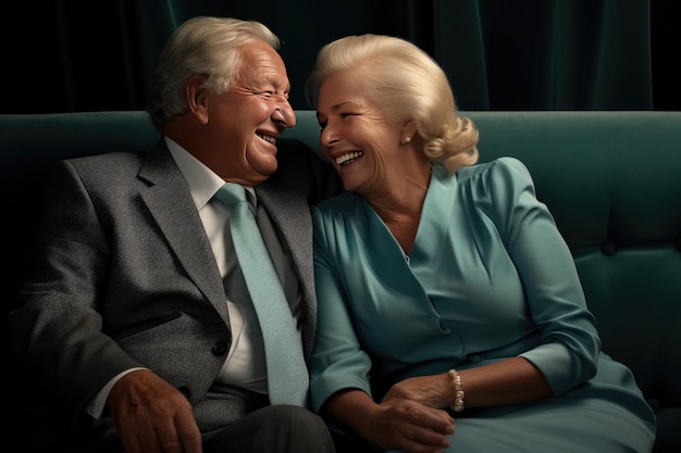 Heureux couple de personnes âgées se reposant sur un canapé assis ensemble, embrassant et souriant