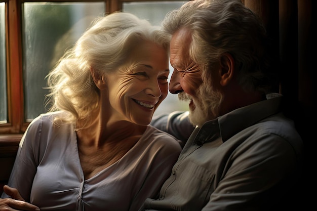 Heureux couple de personnes âgées se reposant sur un canapé assis ensemble, embrassant et souriant