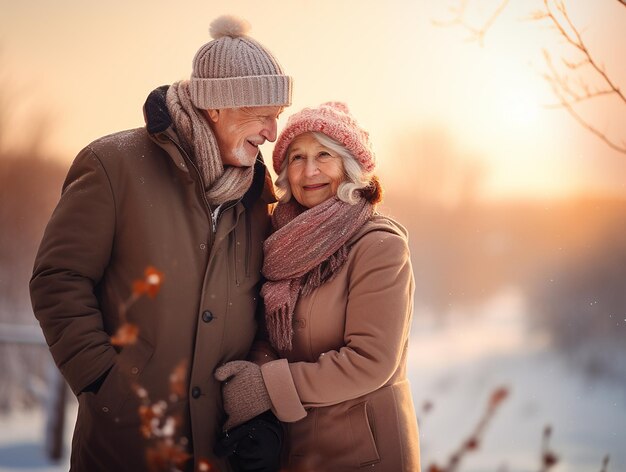 Heureux couple de personnes âgées souriantes au coucher du soleil d'hiver Vieillir avec dignité les personnes âgées menant une vie active