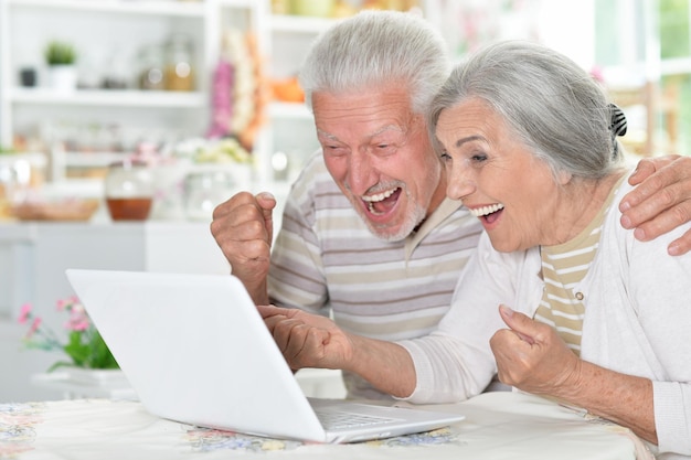 Heureux couple de personnes âgées utilisant un ordinateur portable à la maison