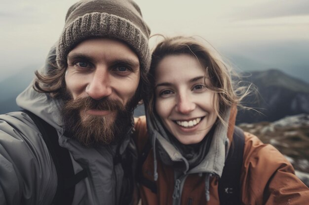 Photo heureux couple prenant un selfie au sommet de la montagne en hiver ia générative