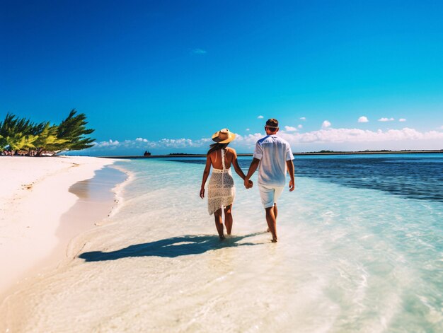 Heureux couple profitant d'une promenade romantique le long de la plage de sable main dans la main Generative AI