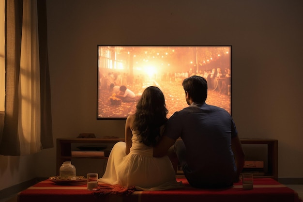 Heureux couple regardant la télévision à la maison