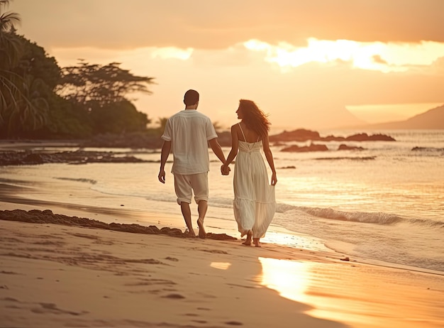 Heureux couple romantique d'âge moyen bénéficiant d'une belle promenade au coucher du soleil sur la plage Voyage Vacances Retraite Concept de vie