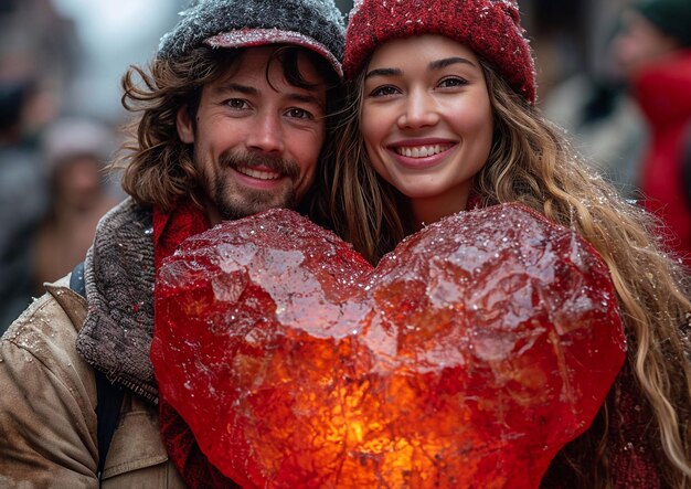 Heureux couple romantique amoureux tenant un grand coeur rouge sur fond de ville d'hiverMacroAI Generative