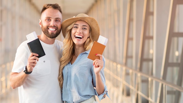 Heureux couple souriant avec billets d'avion et passeports à l'aéroport