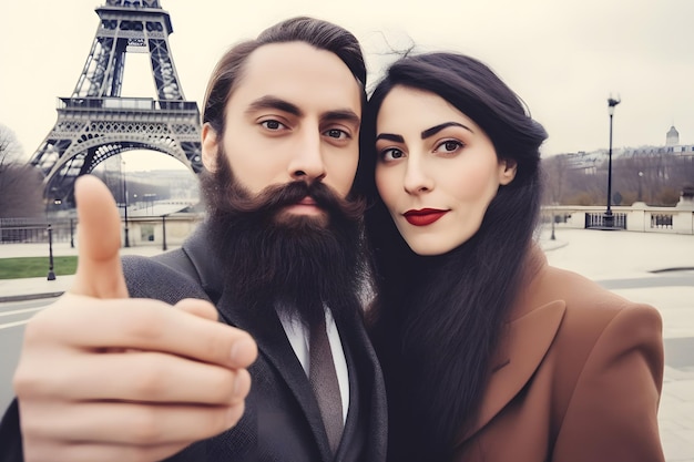 Photo heureux couple souriant voyageant en france prenant selfie à paris réseau de neurones ai généré