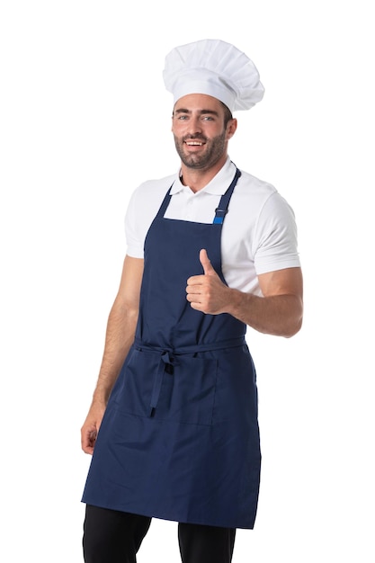 Heureux cuisinier en uniforme pouce en l'air