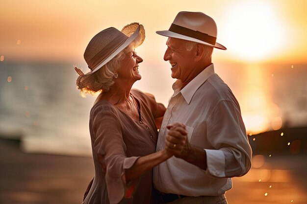 Heureux danse romantique vieux couple amoureux au coucher du soleil créé avec la technologie Generative AI