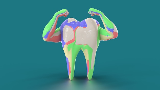 Heureux les dents colorées. Nettoyer les dents avec créativité. Représente amusant, sortez des sentiers battus. Rendu 3D.