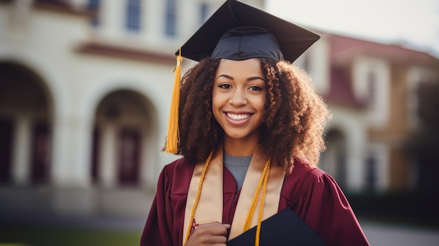 Un heureux diplômé portant une cape se tient devant le collège Créé avec la technologie Generative AI