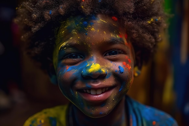 Heureux enfant afro jouant avec de la peinture Illustration de l'IA générative