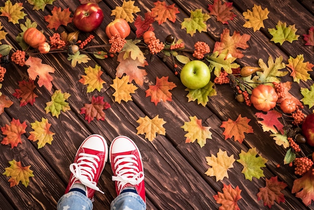 Heureux enfant allongé sur les feuilles d'automne