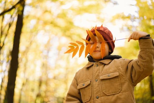 Photo heureux enfant bébé garçon riant et jouant dans la journée d'automne, l'enfant se couvre le visage de feuilles