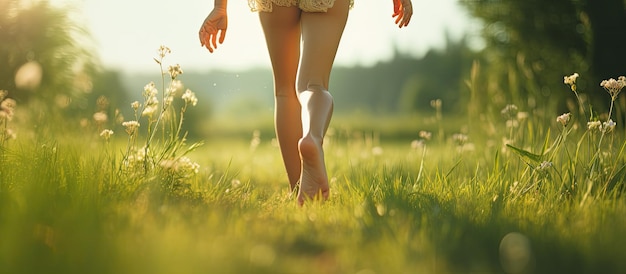 Heureux enfant courir pieds nus à l'extérieur sur l'herbe verte au coucher du soleil représentant le concept d'une enfance joyeuse
