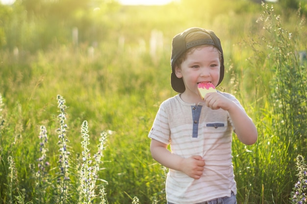 Heureux enfant mangeant des cookies sous forme de crème glacée