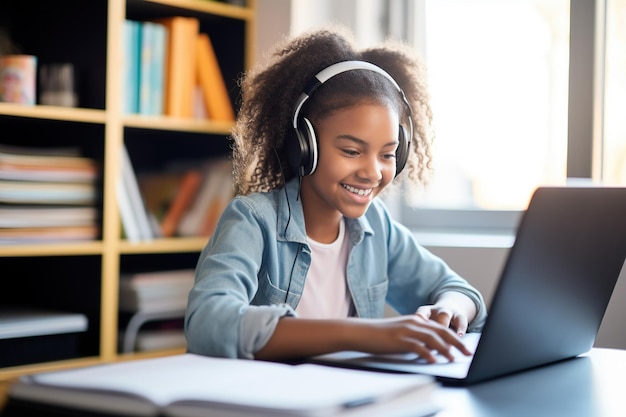 Heureux étudiant afro-américain elearning à la maison sur PC écrivant des notes Adolescente souriante utilisant un ordinateur portable regardant un webinaire hybride apprenant l'anglais classe virtuelle en ligne assise à la table de la maison