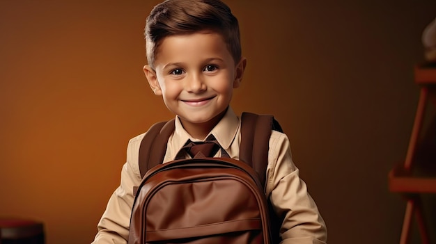 Heureux étudiant avec un sac à dos sur fond marron