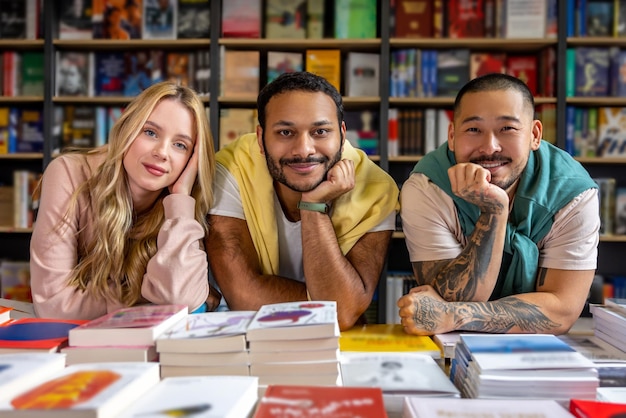 Heureux étudiants assis dans la bibliothèque