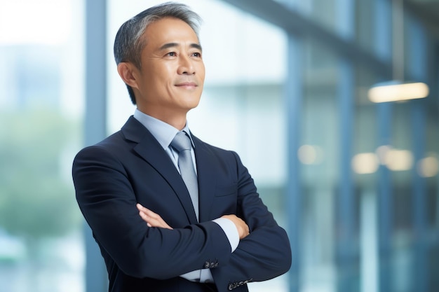 Heureux fier prospère d'âge moyen mature professionnel homme d'affaires asiatique PDG exécutif portant un costume debout dans le bureau les bras croisés en détournant les yeux en pensant au succès leadership vue de profil latérale