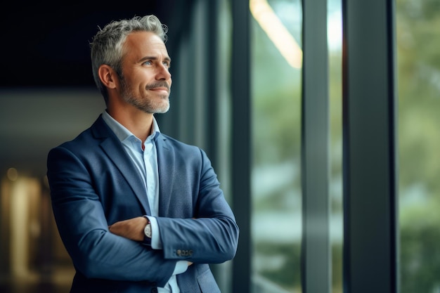 Heureux, fier, prospère, d'âge mûr, professionnel, homme d'affaires, directeur général, exécutif, en costume, debout au bureau, les bras croisés, détournant le regard, pensant au succès, leadership, vue de profil latérale.