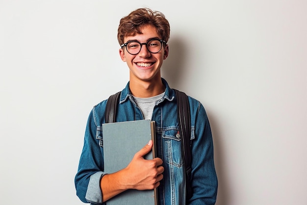 heureux garçon étudiant intelligent avec sac sur fond blanc isolé