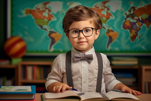 Photo heureux garçon mignon et intelligent avec une coiffure élégante avec un sac d'école et des cahiers dans sa main sur le str