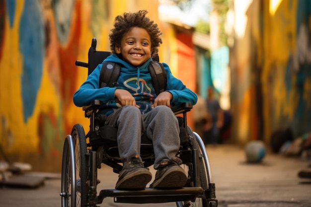 Photo heureux garçon à la peau sombre en fauteuil roulant à l'extérieur générative ai
