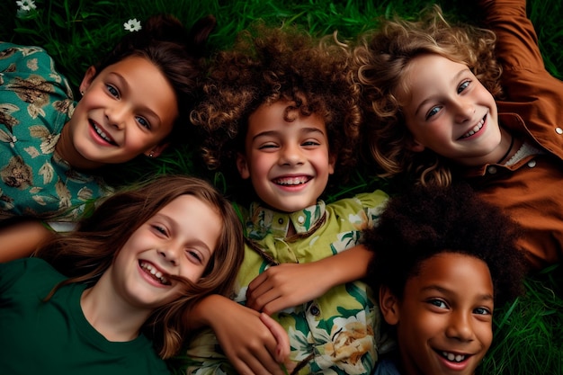 Heureux garçons et filles allongés sur l'herbe verte