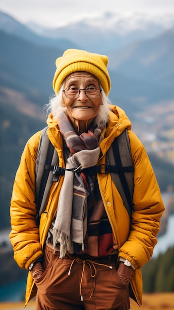 Heureux hasard alpin Randonnée d'automne chanceuse d'un couple de personnes âgées au milieu des sommets