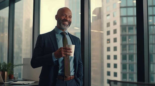 Heureux homme d'affaires d'âge moyen au bureau buvant du café près de la fenêtre et souriant généré par l'IA