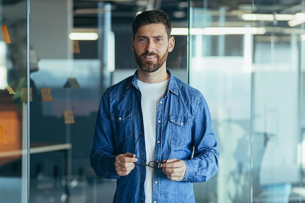 Heureux homme d'affaires barbu entrepreneur startup propriétaire debout dans un bureau moderne regardant la caméra souriant jeune homme créatif hipster posant dans le portrait d'entreprise de l'espace de travail