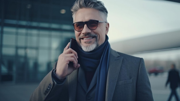 Heureux homme d'affaires riche utilisant l'IA générative tout en se tenant dans un aéroport et en parlant au téléphone