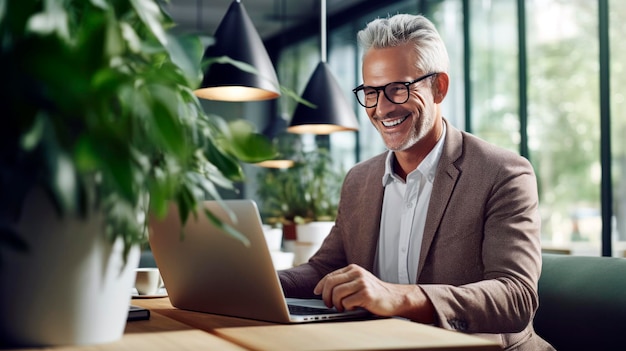 Heureux homme d'affaires utilisant un ordinateur portable au bureau