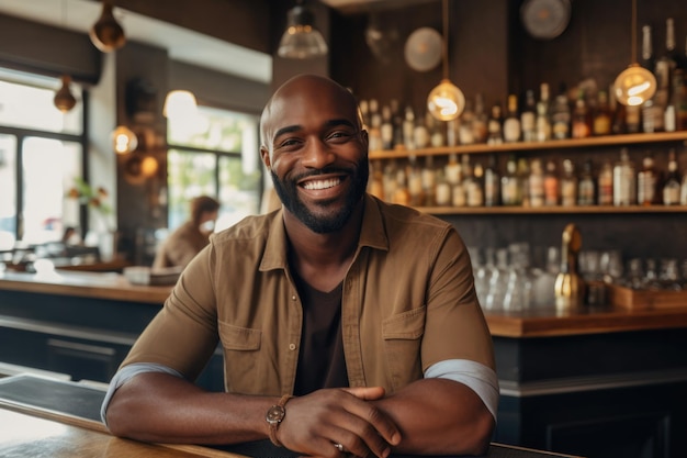 heureux homme africain au bar regardant la caméra et souriant tout en s'appuyant sur le comptoir du bar au café