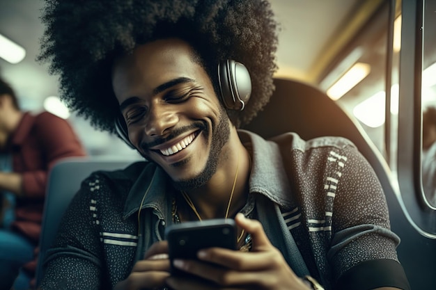 Heureux homme africain avec un casque écoutant de la musique Illustration IA générative