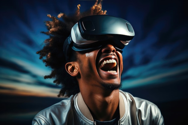 Heureux homme africain noir heureux portant des lunettes de réalité virtuelle jouant à des jeux vidéo avec un casque de réalité virtuelle