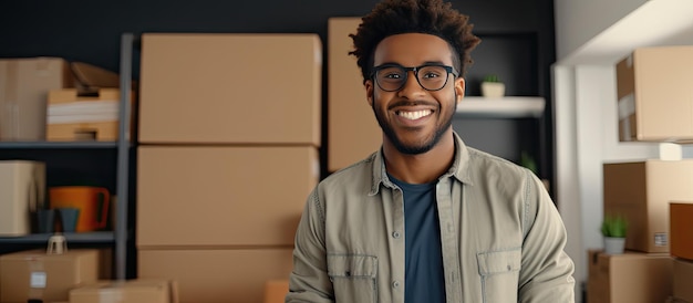 Heureux homme afro-américain portant des lunettes posant avec les bras croisés devant des boîtes en carton homme noir attrayant dans une nouvelle maison le jour du déménagement vue panoramique vi