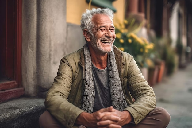 Heureux homme âgé assis dehors et souriant