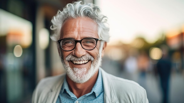 Heureux homme âgé satisfait portant des lunettes portrait à l'extérieur de l'IA générative